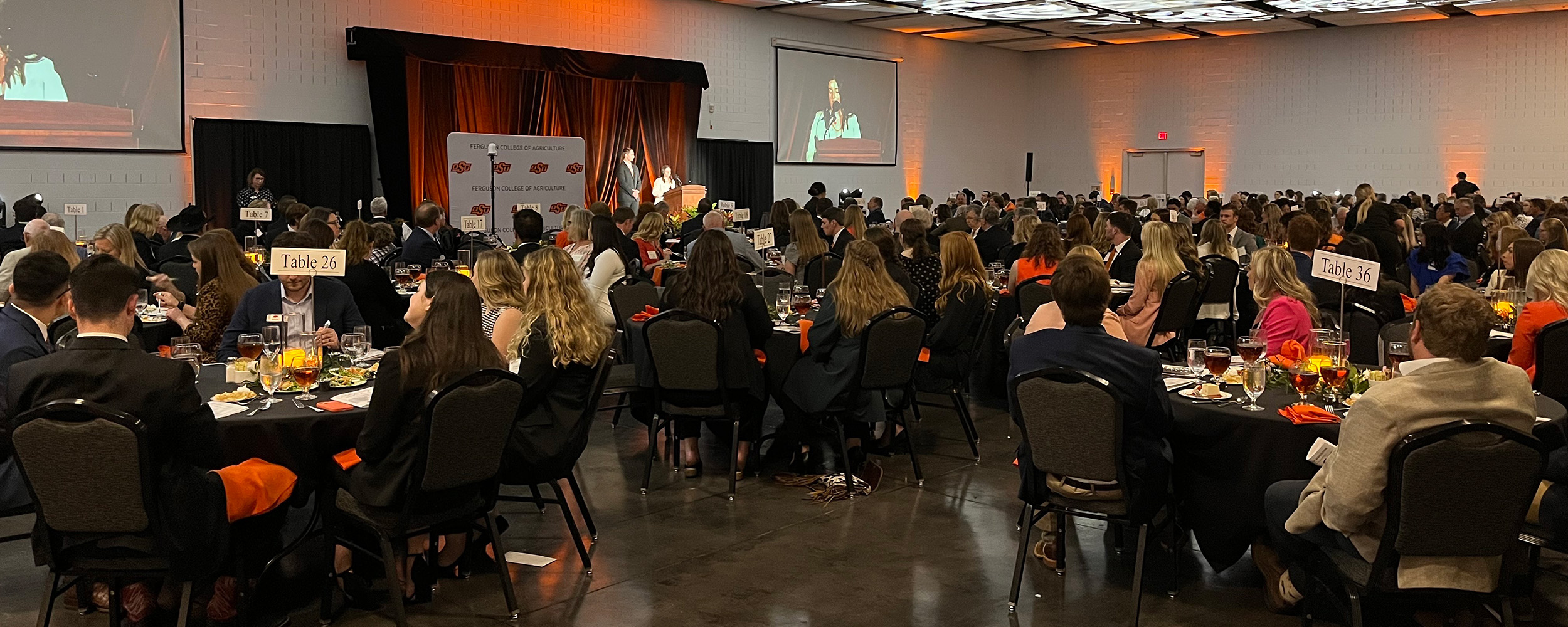 Attendees of the 2023 Ferguson College of Agriculture Scholarship & Awards Banquet listen to a speaker.