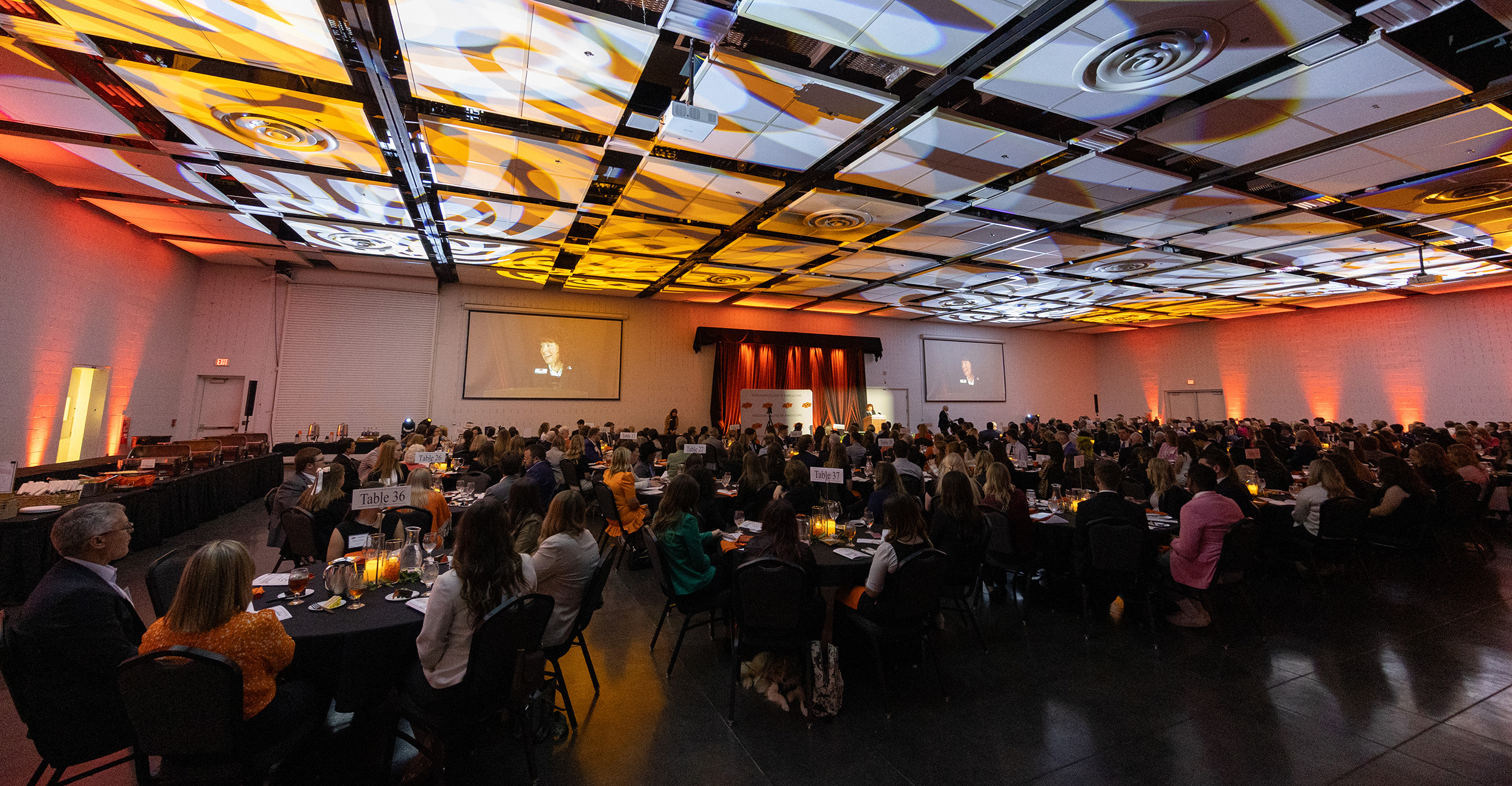 A large banquet hall is filled with seated attendees at round tables facing a stage with a podium and large screens, illuminated by warm lighting and decorative ceiling panels, indicating a formal university or academic awards event.