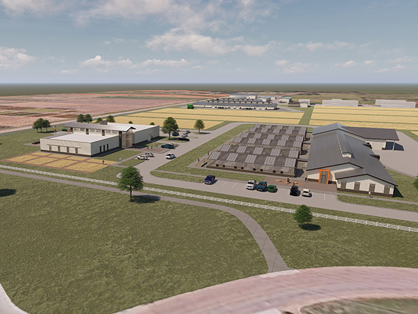  An exterior rendering of an aerial view of the new Agronomy Discovery Center, which includes a greenhouse complex, research operations and field labs and an Agricultural Diagnostics and Education Center.