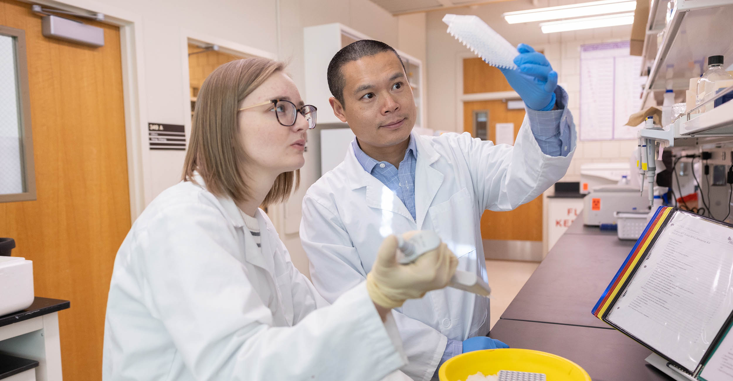 A female student with short, blonde hair and glasses in a white lab coat looks up at a test tube Dr. Cheng in a blue, collared shirt, glasses and white lab coat is holding up in the air. He is also looking at the tube and is wearing blue lab gloves. They are standing over a counter in a lab.