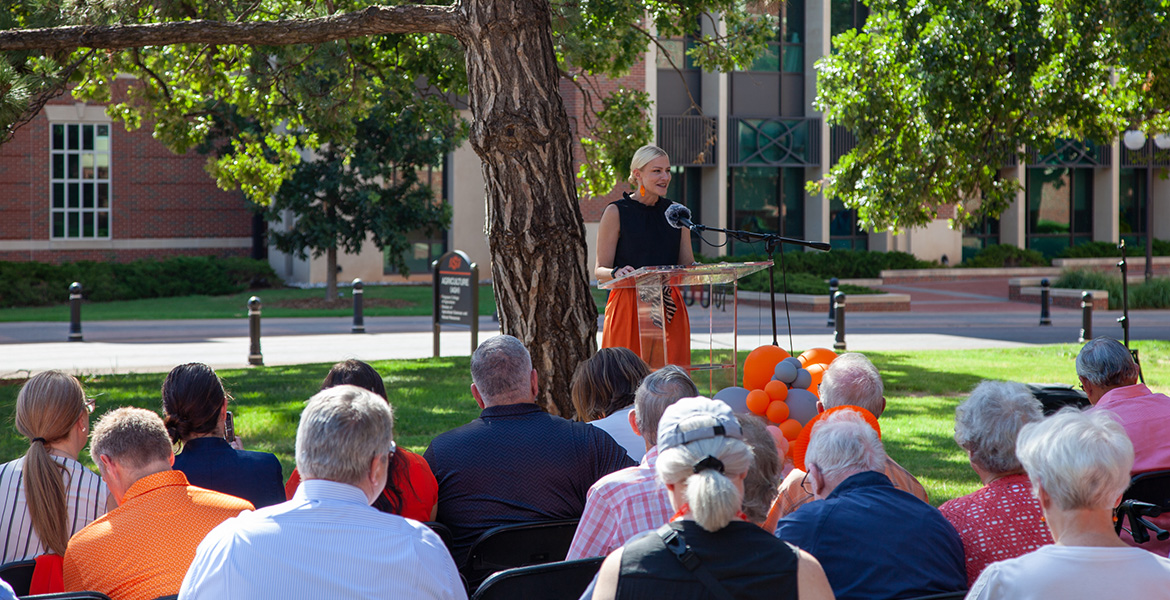 President Shrum speaks to crowd