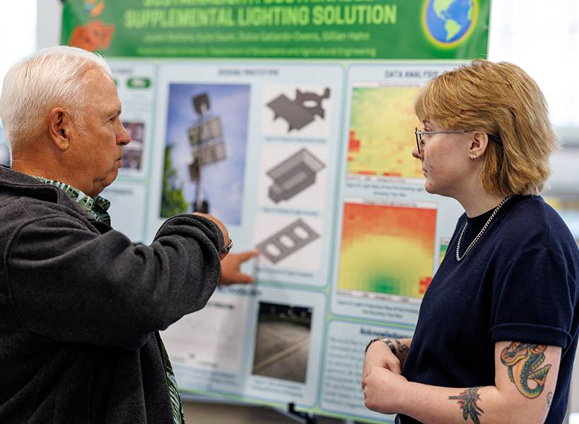 A presenter and an attendee stand in front of a research poster display, discussing diagrams and data related to a supplemental lighting solution, illustrating academic or professional poster session engagement.