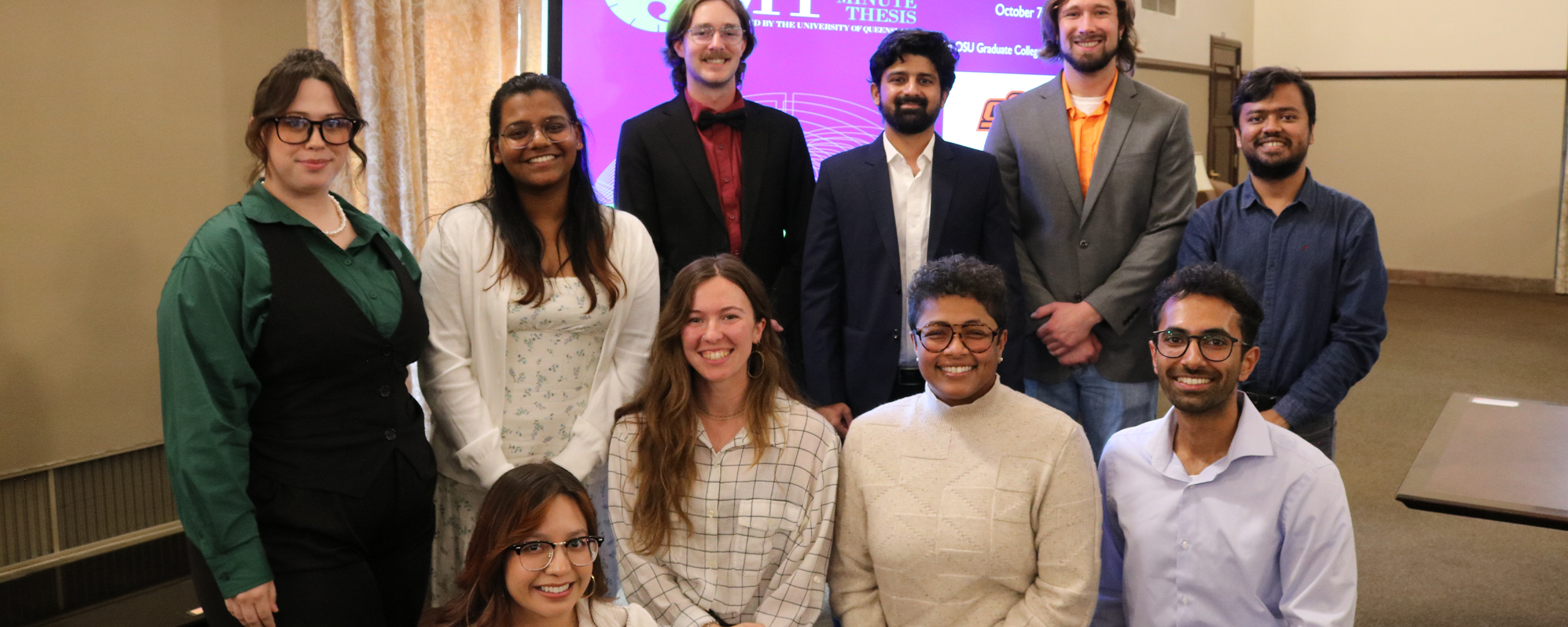 Group photo of all 10 students who participated in the College of Arts and Sciences Three Minute Thesis Competition.