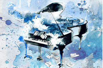 Watercolor illustration of a black grand piano surrounded by blue and white splashes, with sheets of music scattered around it.