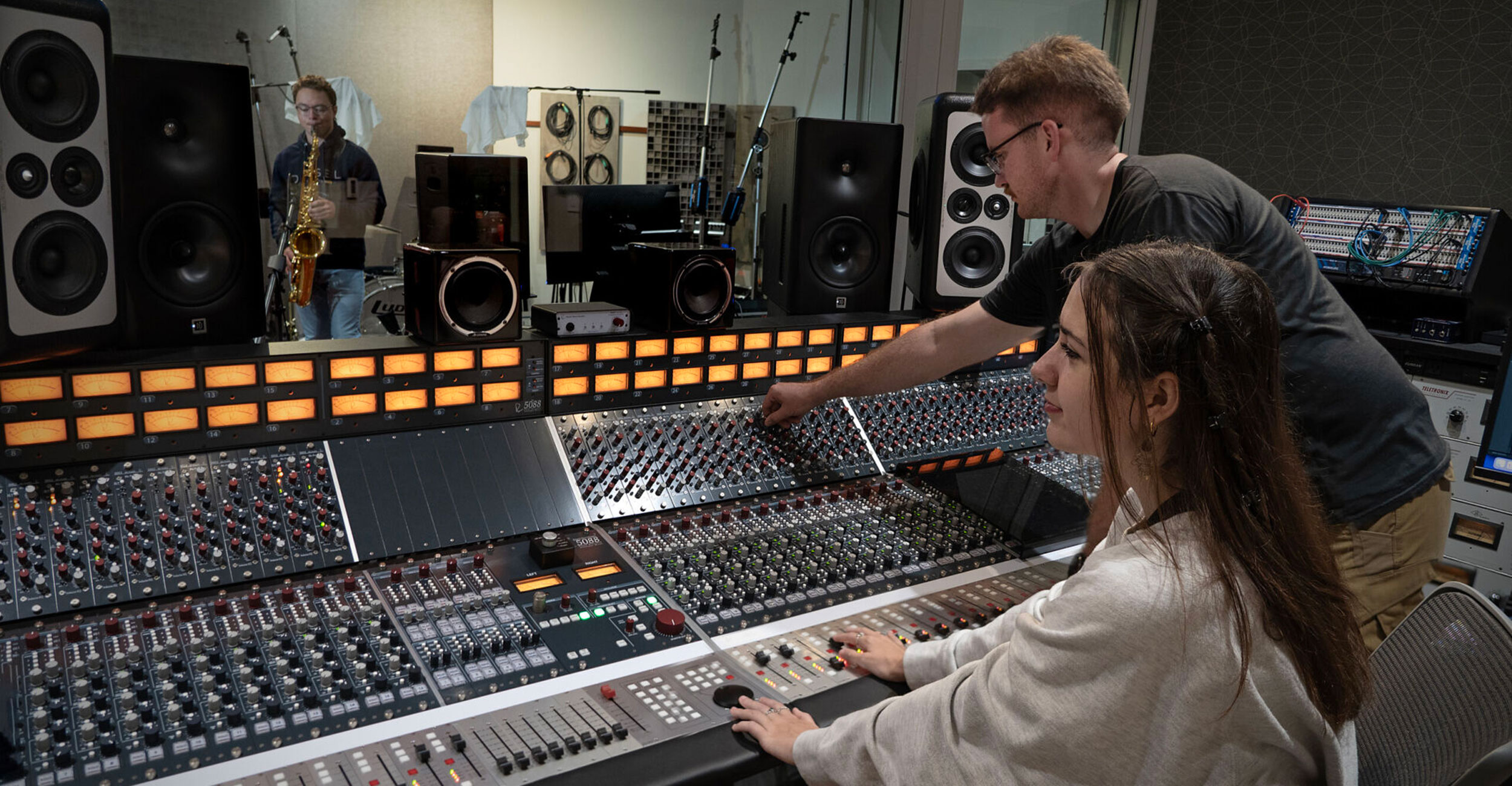 Alumni in the music studio, The OU studio consists of a mai…