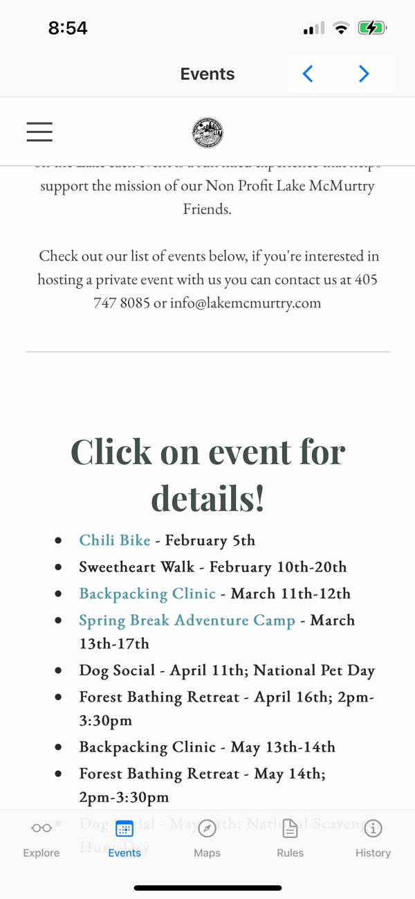 Screenshot from the Lake McMurtry Friends app