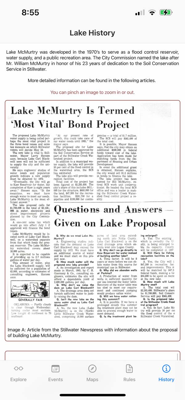 Screenshot from the Lake McMurtry Friends app