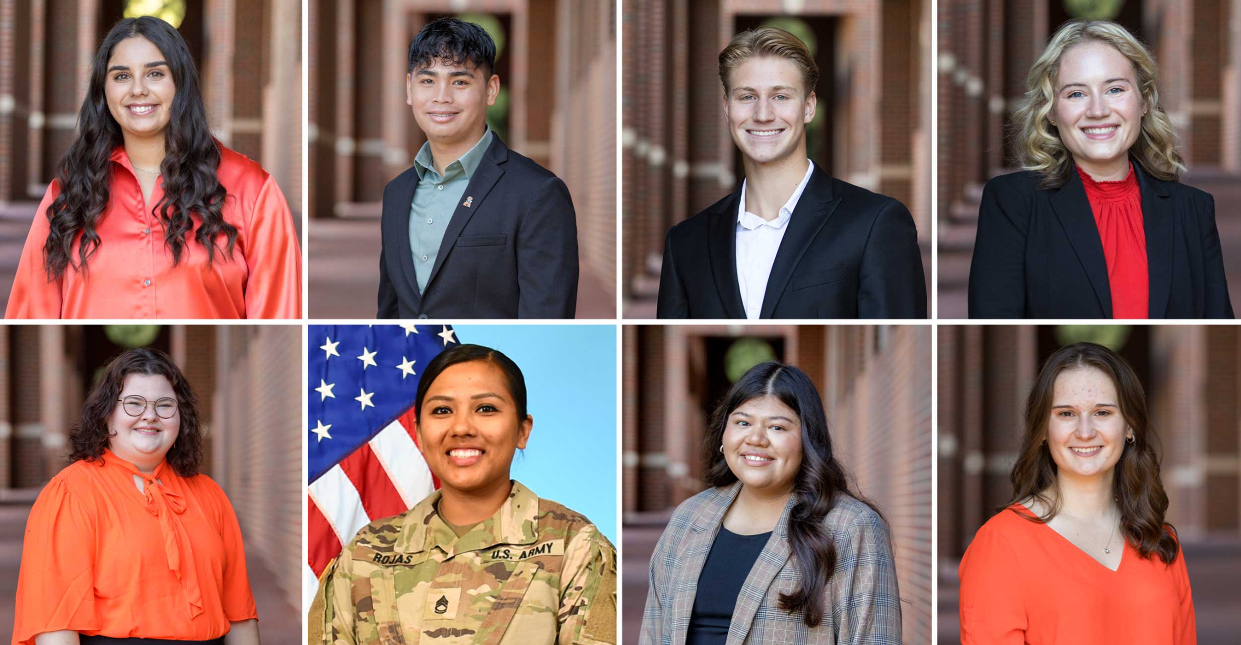 eight college students in professional attire