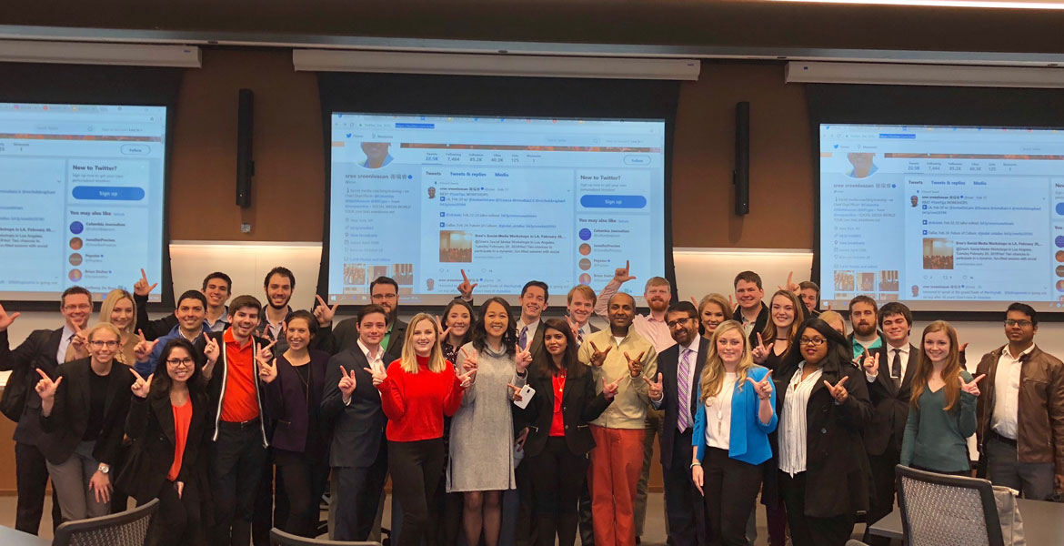 Sree Sreenivasan poses for a photo after speaking with OSU MBA students.