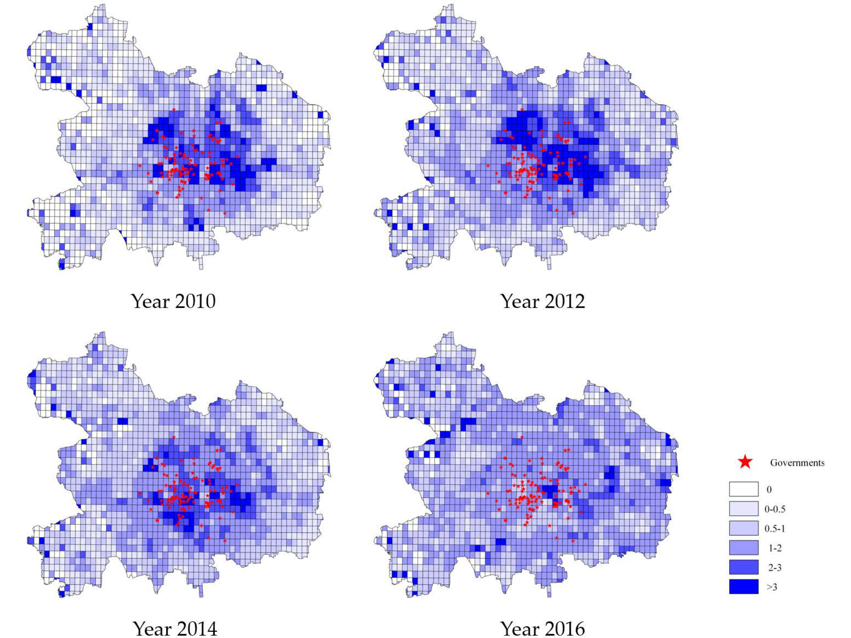 This map shows Beijing's six inner districts from 2010-16. While red stars represent government offices, deeper blue shading represents higher restaurant density compared to the citywide average. In 2010, restaurants were clustered around government centers. By 2016, restaurants had scattered across the city with significant drops in relative density near government offices.