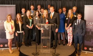 Joseph and Monica Eastin (center) meet with Spears School of Business students at the official announcement of the Eastin Center for Talent Development.