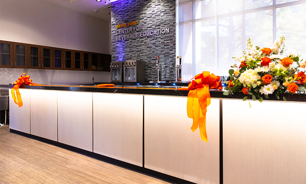 The new glowing bar of the Wayne Hirst Center for Beverage Education.
