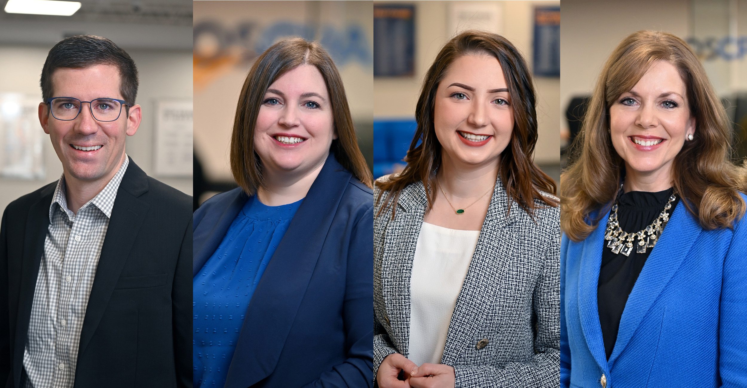 Four adults, one man and three women, wear business professional attire and smile for professional headshots.