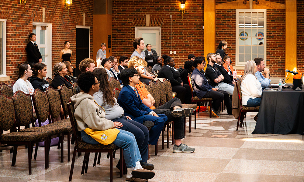 Pitch and Poster audience Audience members watch the Pitch and Poster competition.