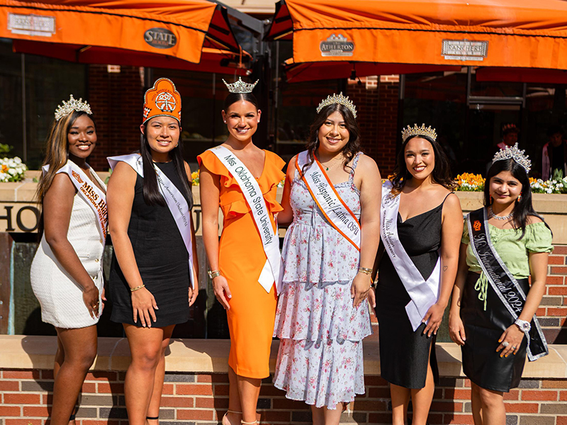 Miss Black OSU, Miss American Indian OSU, Miss OSU, Miss Hispanic/Latina OSU, Miss Asian OSU and Ms. International OSU pose together on the Stillwater campus.