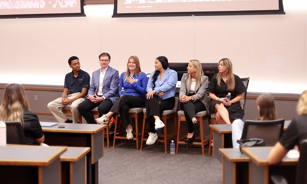 Six members of the OKC Thunder organization speak in the Business Building.