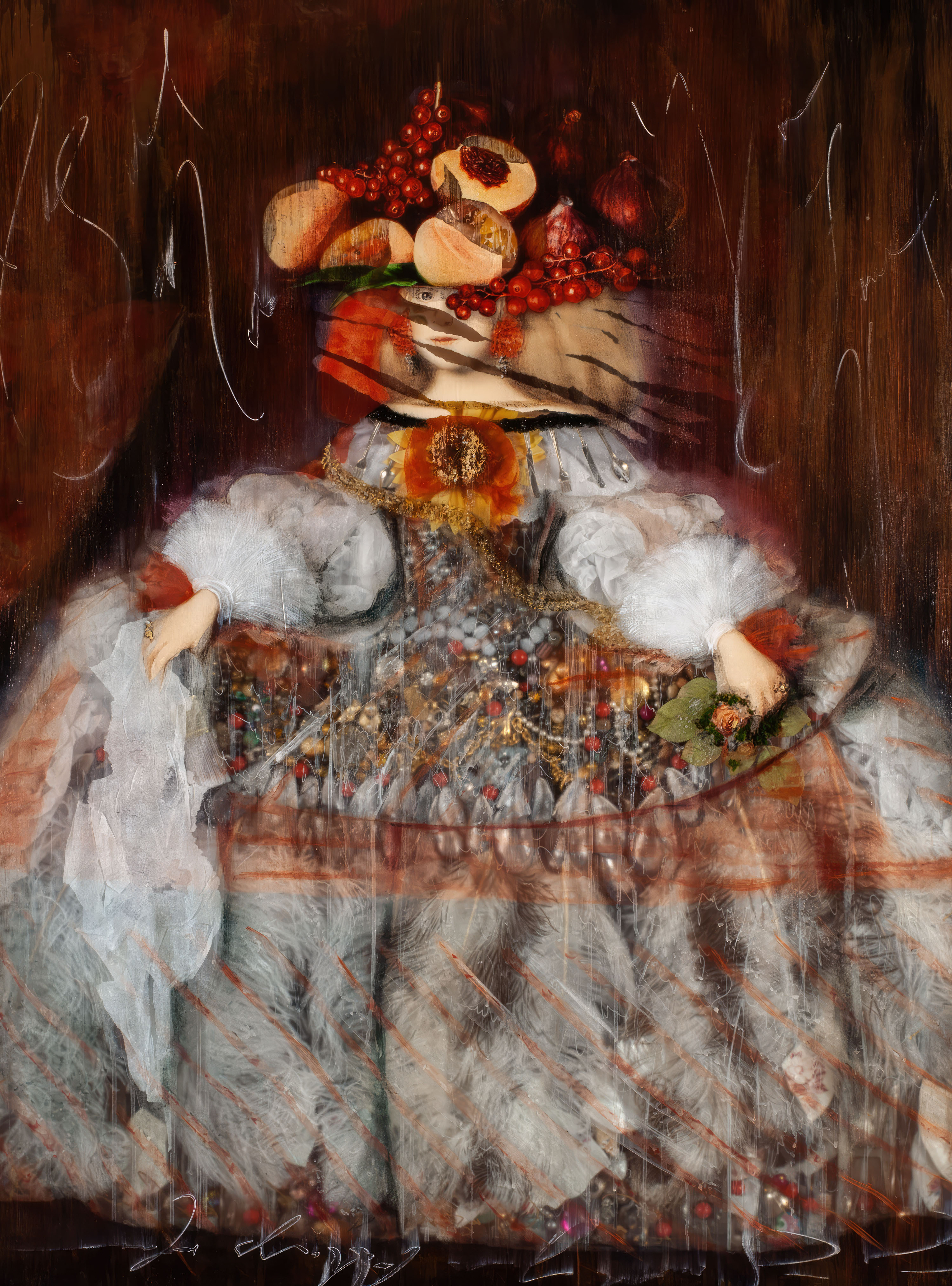 Mixed-media portrait of a figure in an elaborate, textured dress with a headdress of fruit and berries, blending painterly and collage elements to create a surreal, layered artwork.