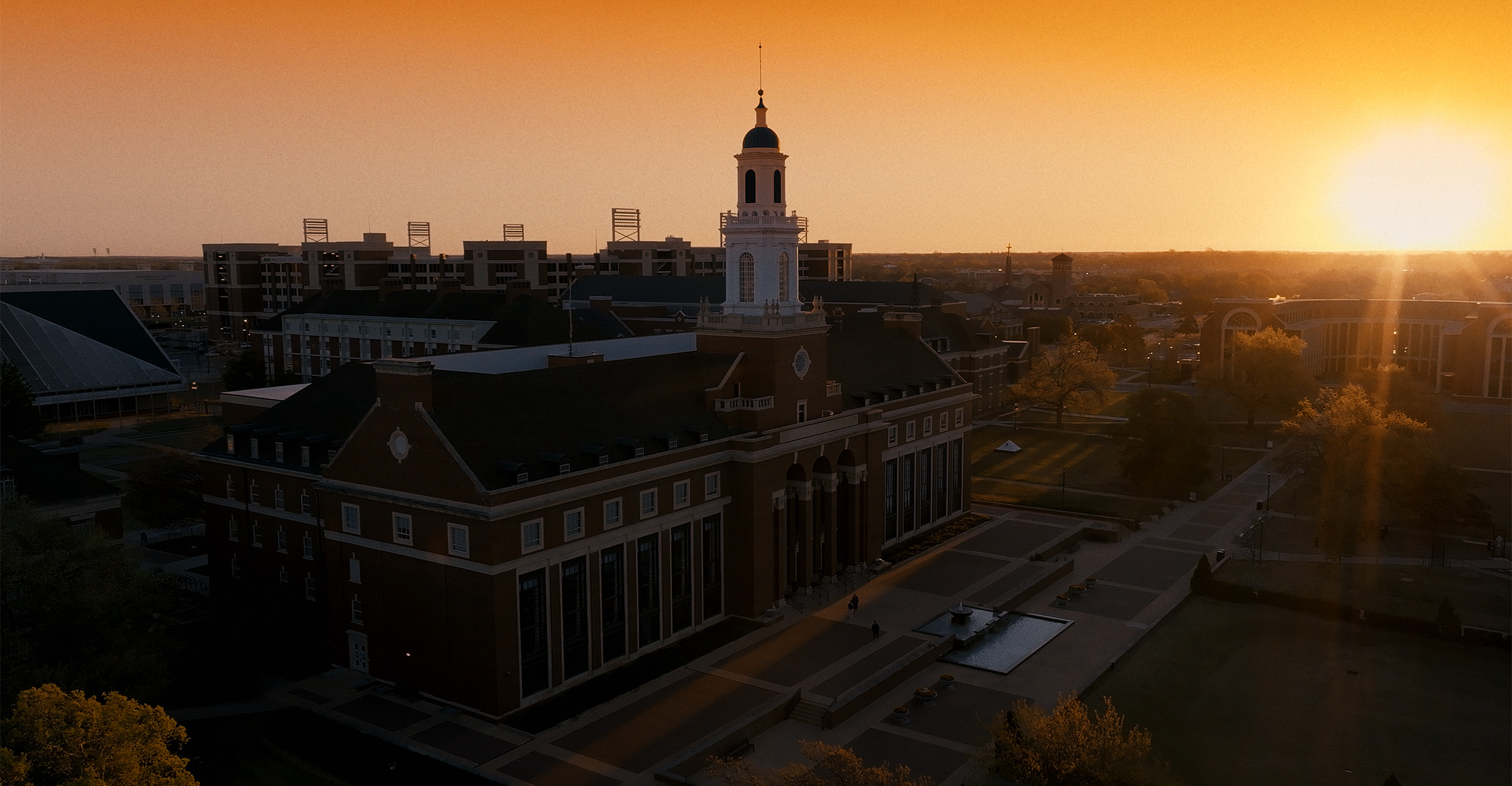 Aerial view of Edmon Low Library at sunrise.