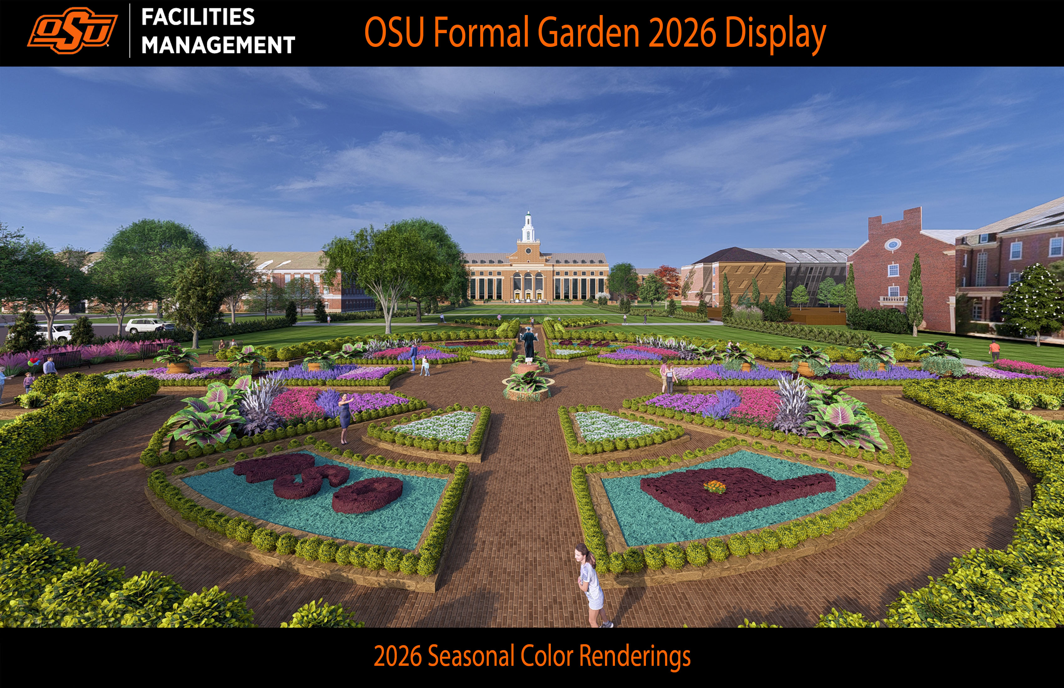 Promotional rendering of the OSU Formal Garden 2026 display showing a symmetrical landscaped garden with colorful flower beds, pathways, and people walking in front of campus buildings, with text identifying Facilities Management and the 2026 seasonal design.