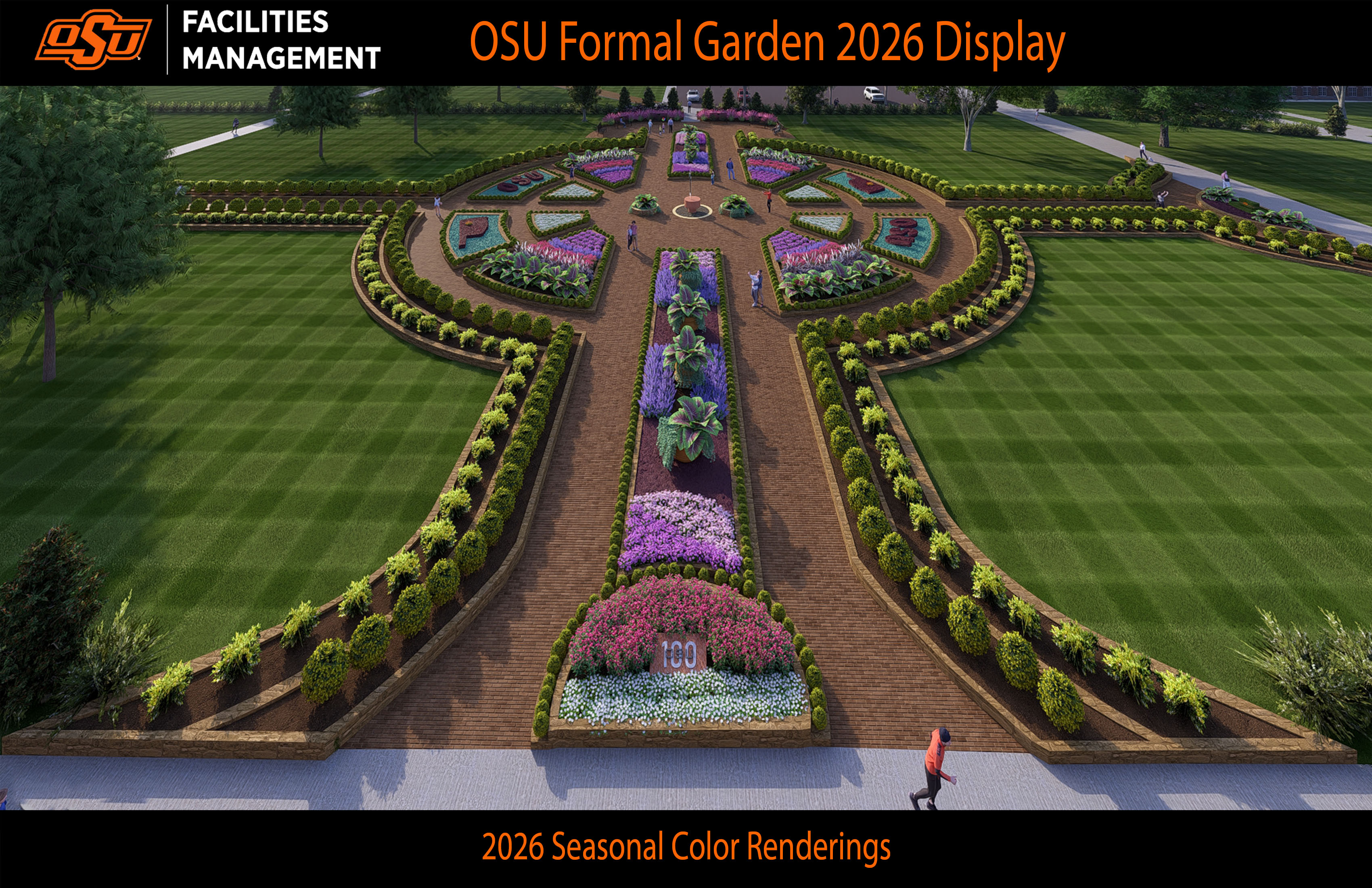 Promotional rendering of the OSU Formal Garden 2026 display showing a symmetrical landscaped garden with colorful flower beds, pathways, and people walking in front of campus buildings, with text identifying Facilities Management and the 2026 seasonal design.
