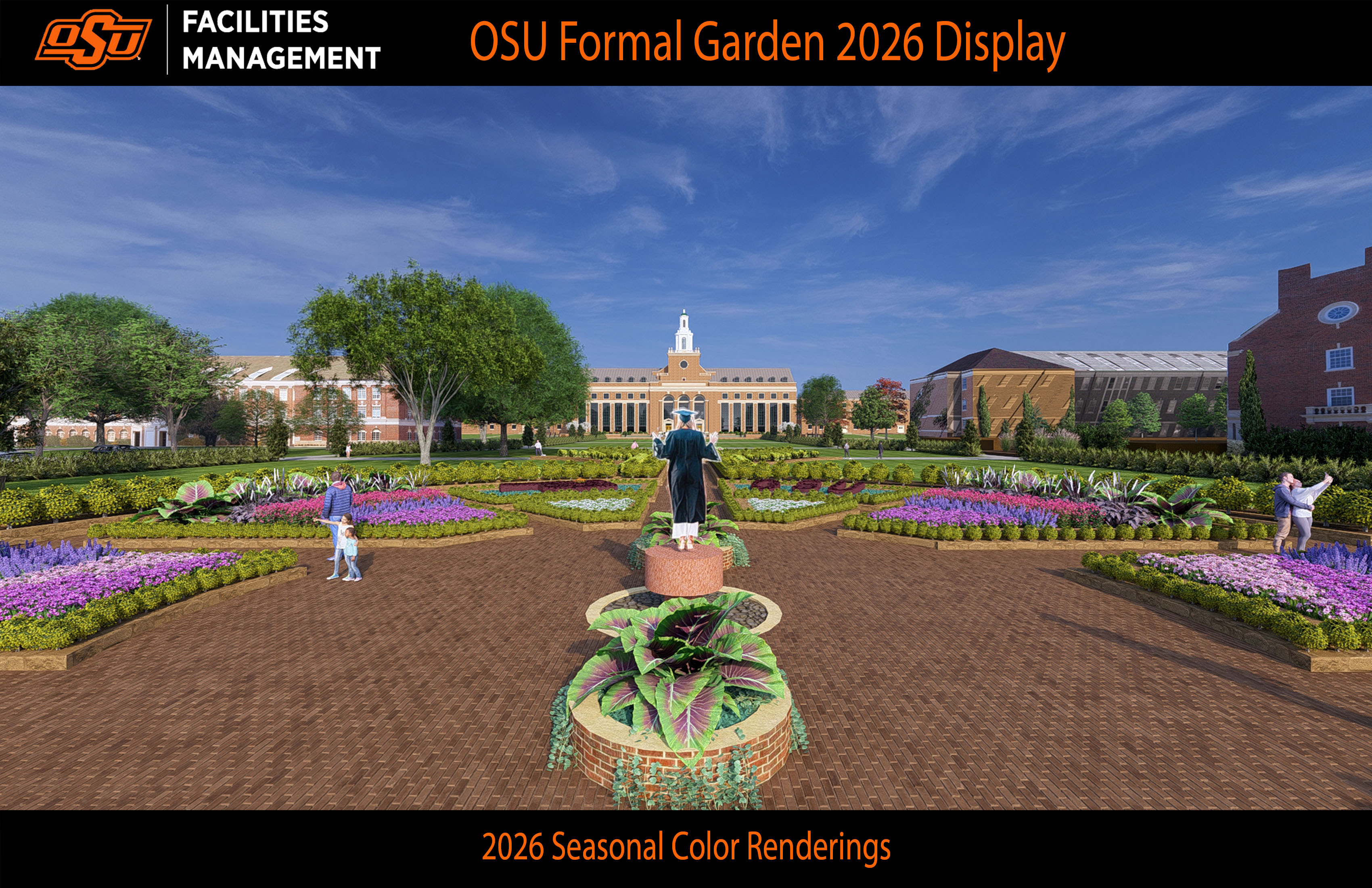 Promotional rendering of the OSU Formal Garden 2026 display showing a symmetrical landscaped garden with colorful flower beds, pathways, and people walking in front of campus buildings, with text identifying Facilities Management and the 2026 seasonal design.