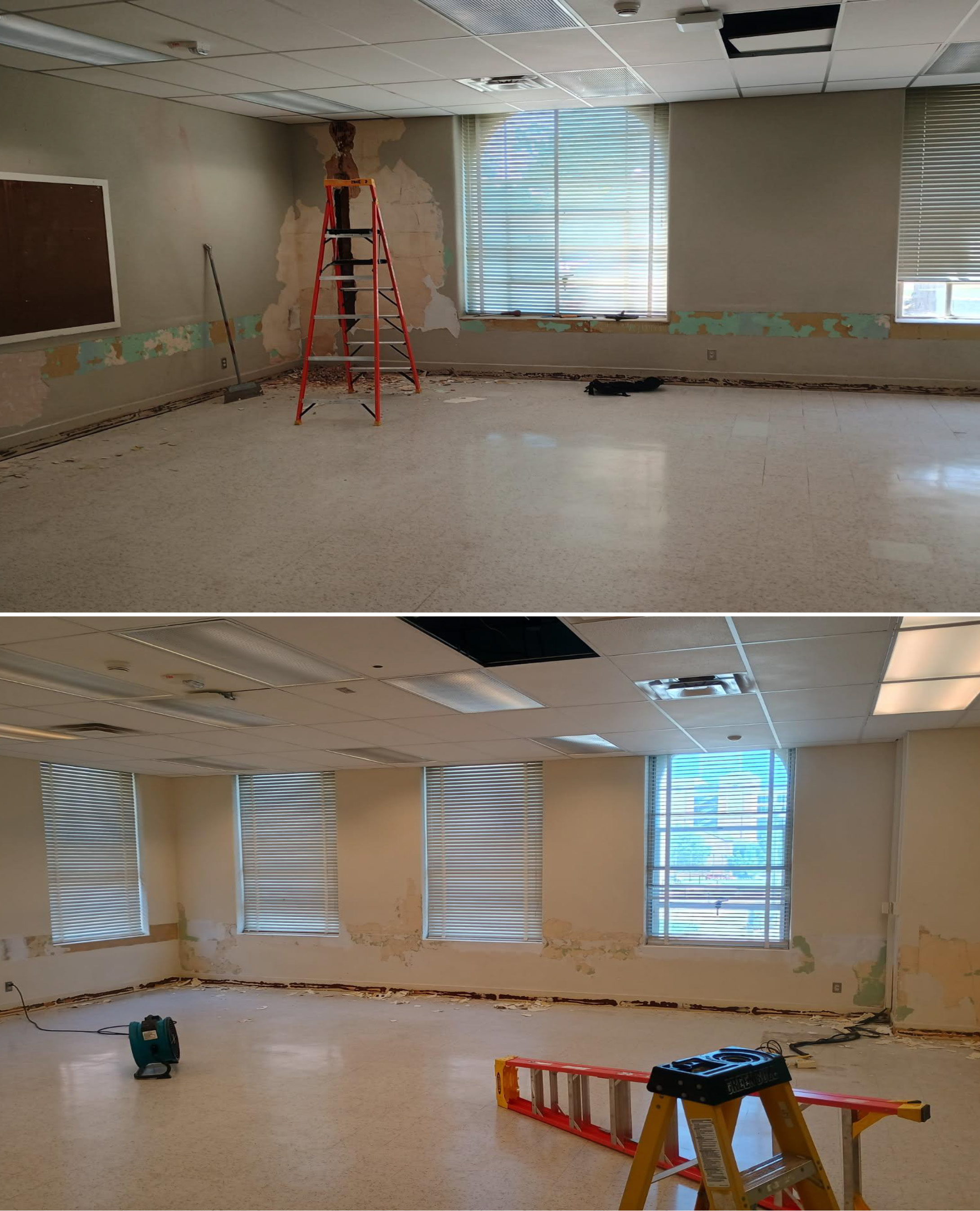 Composite color image showing a room in early demolition with peeling walls, exposed surfaces, and renovation tools in use, alongside a later stage of the same space cleared and prepared for further remodeling.
