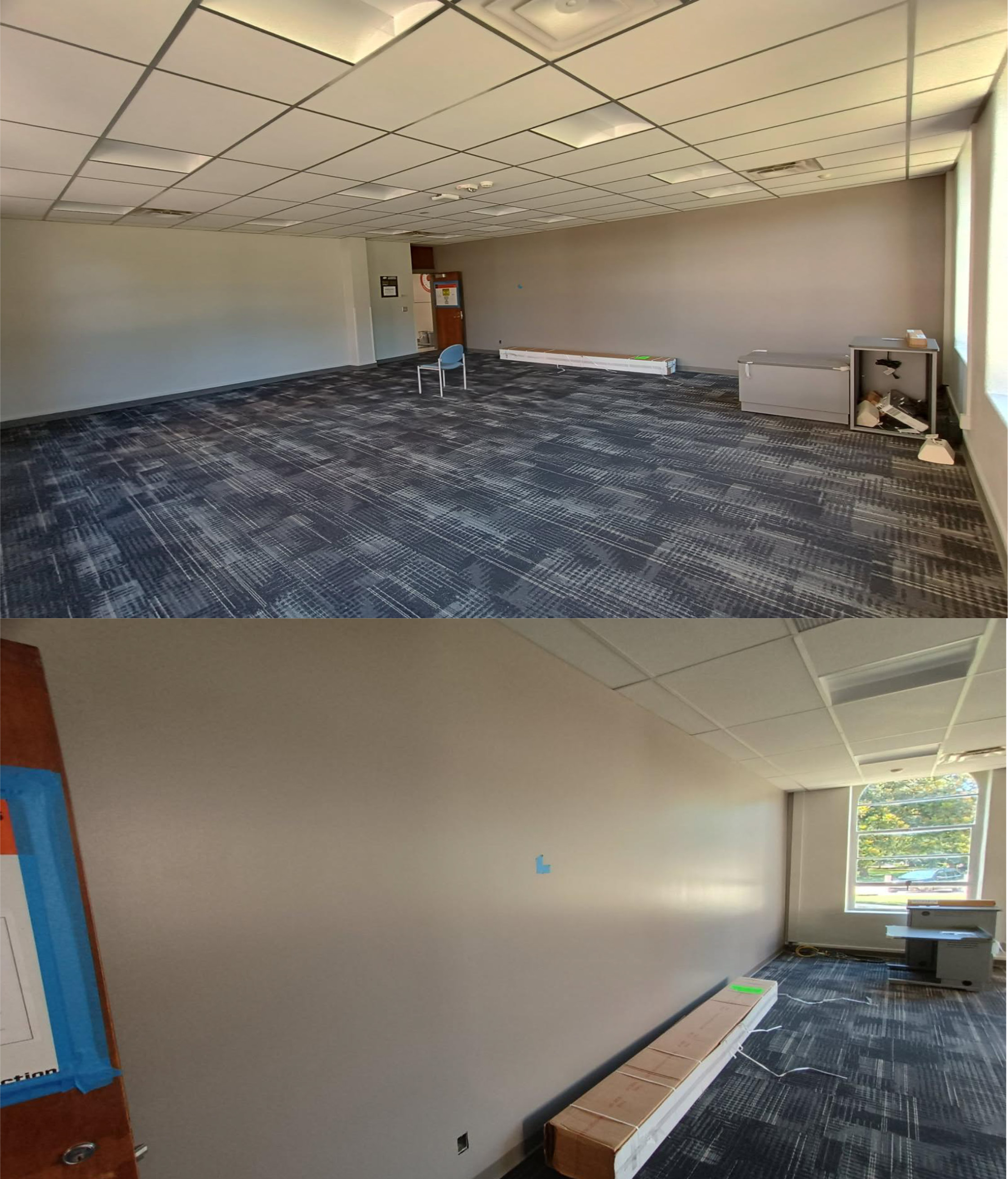 Composite color image of an empty, partially furnished office showing two angles of the same room with patterned carpet, bare walls, a single chair, and boxes near a window.