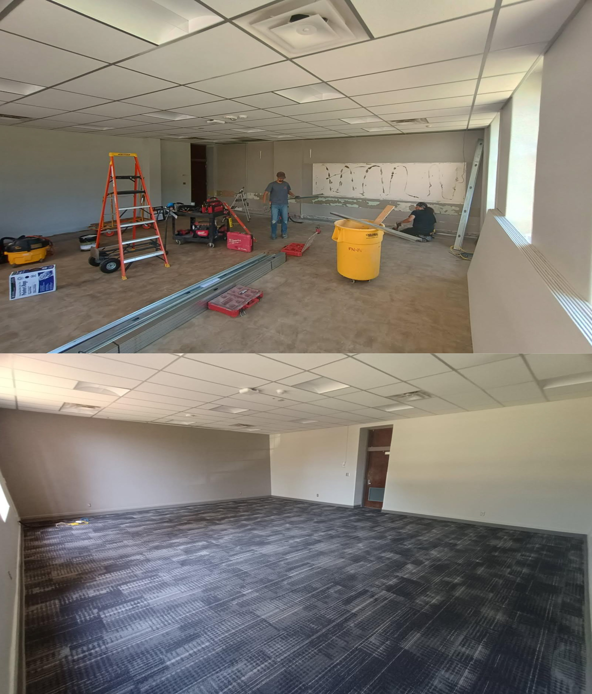 Composite color image showing two stages of a room renovation, with the upper image depicting workers installing materials and tools in a partially stripped space and the lower image showing the same room completed with new carpet and clean walls.