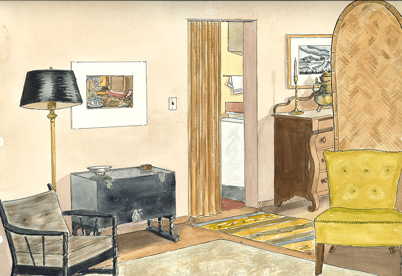 Watercolor interior design rendering depicting a furnished room with chairs, a floor lamp, a cabinet, framed artwork and a doorway leading to an adjoining space.