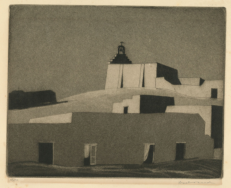 Black-and-white print depicting an adobe-style building with a bell tower and stark geometric forms set against a dark sky.