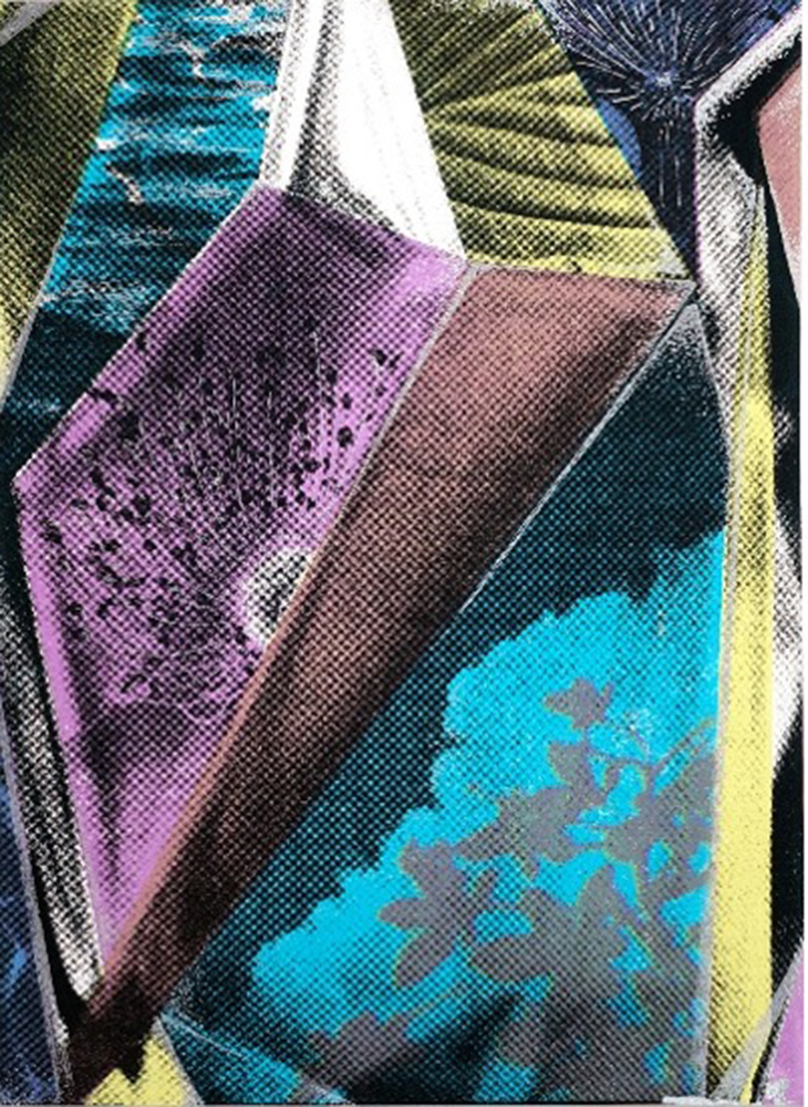 Abstract artwork featuring overlapping, faceted geometric shapes resembling crystal forms, rendered in bold turquoise, purple, yellow, and black with a textured, print‑like pattern.