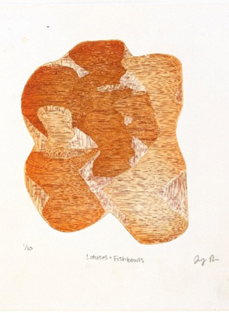 Abstract print showing overlapping, rounded organic shapes in layered shades of brown and tan, with fine linear textures that emphasize form and depth against a white background.