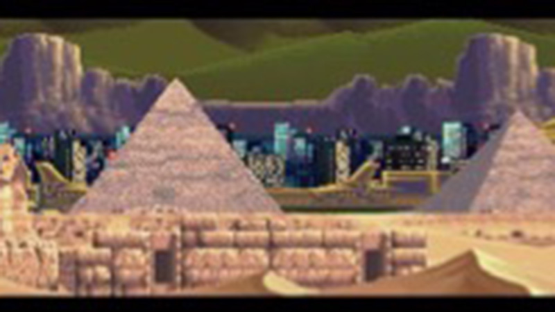 Stylized illustration of ancient Egyptian pyramids in the foreground with a modern city skyline and dramatic sky behind them, suggesting a contrast between ancient and contemporary worlds.
