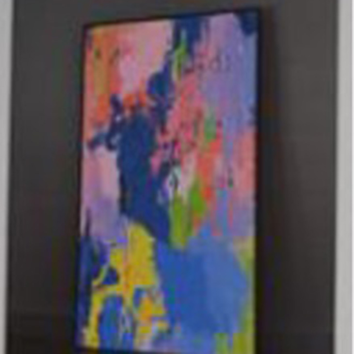 Abstract, vertically oriented artwork mounted on a dark wall, featuring layered, gestural patches of blue, pink, yellow, and green that create a textured, painterly composition.