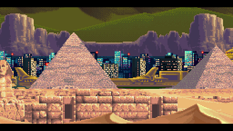 Stylized illustration of ancient Egyptian pyramids in the foreground with a modern city skyline and dramatic sky behind them, suggesting a contrast between ancient and contemporary worlds.