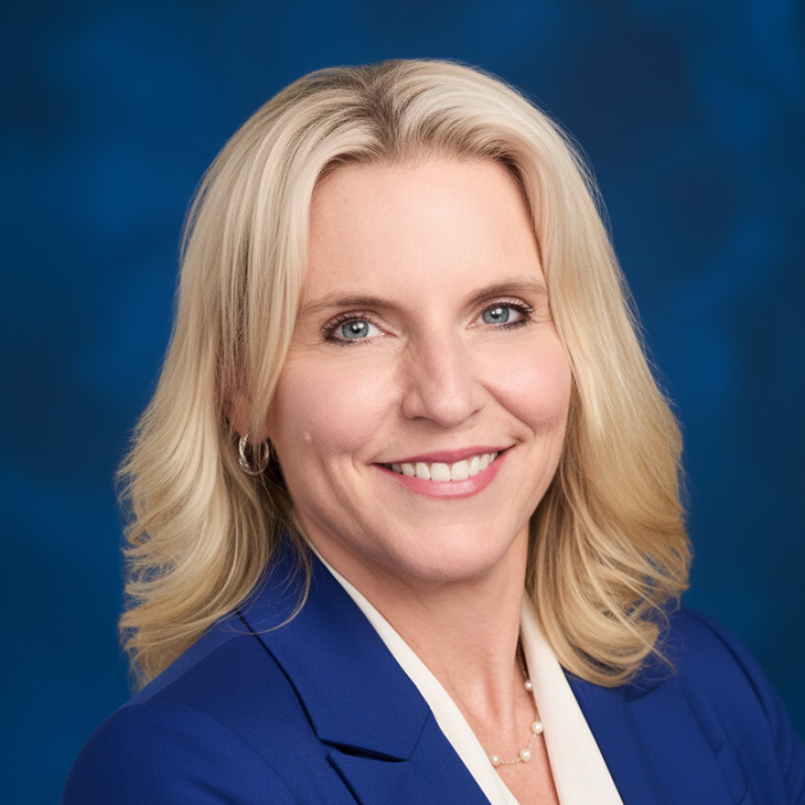 Formal headshot of a person wearing a blue jacket against a dark blue background.