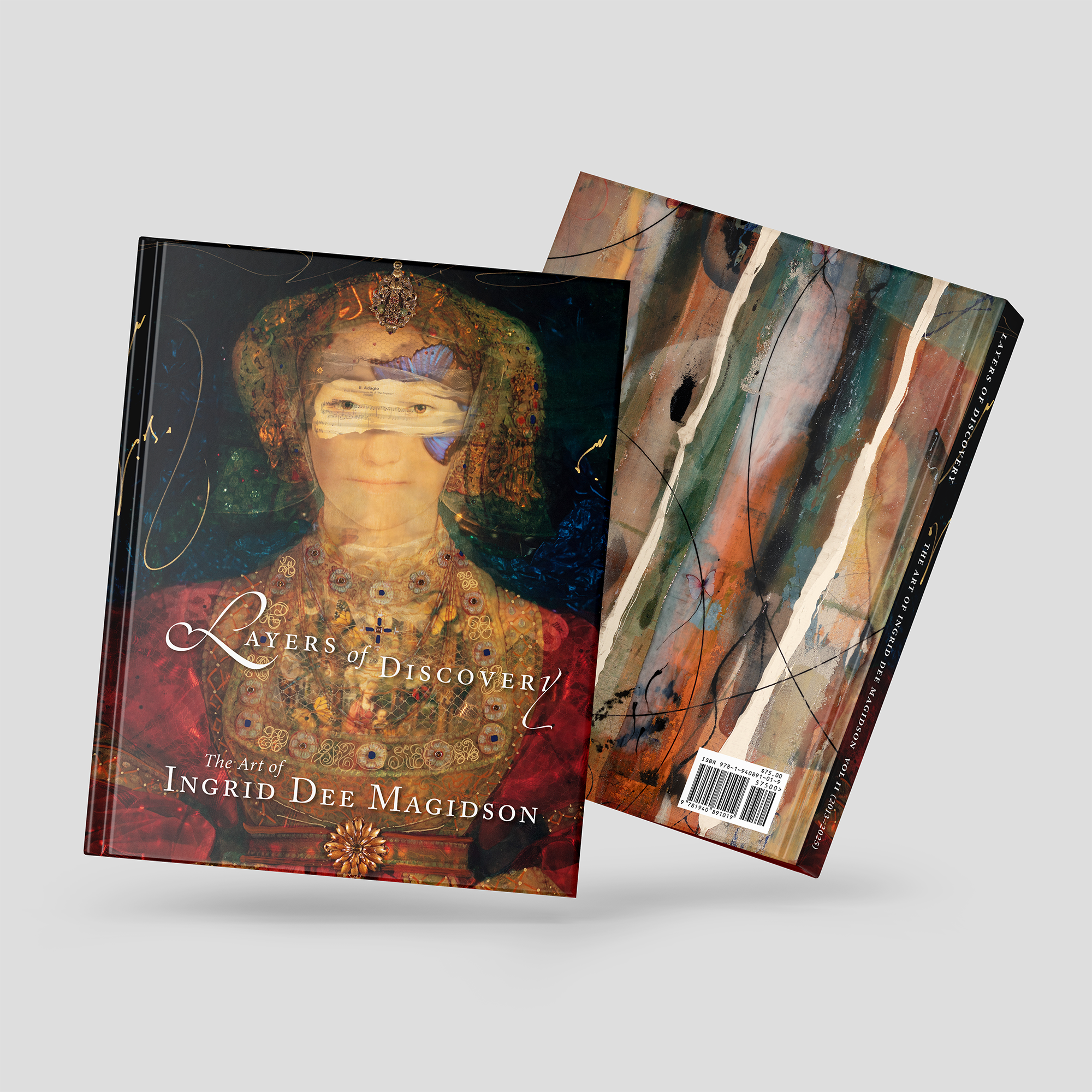 Front and back covers of a book titled Layers of Discovery: The Art of Ingrid Dee Magidson displayed at an angle, featuring a collage-style portrait on the front and an abstract painted design on the back.