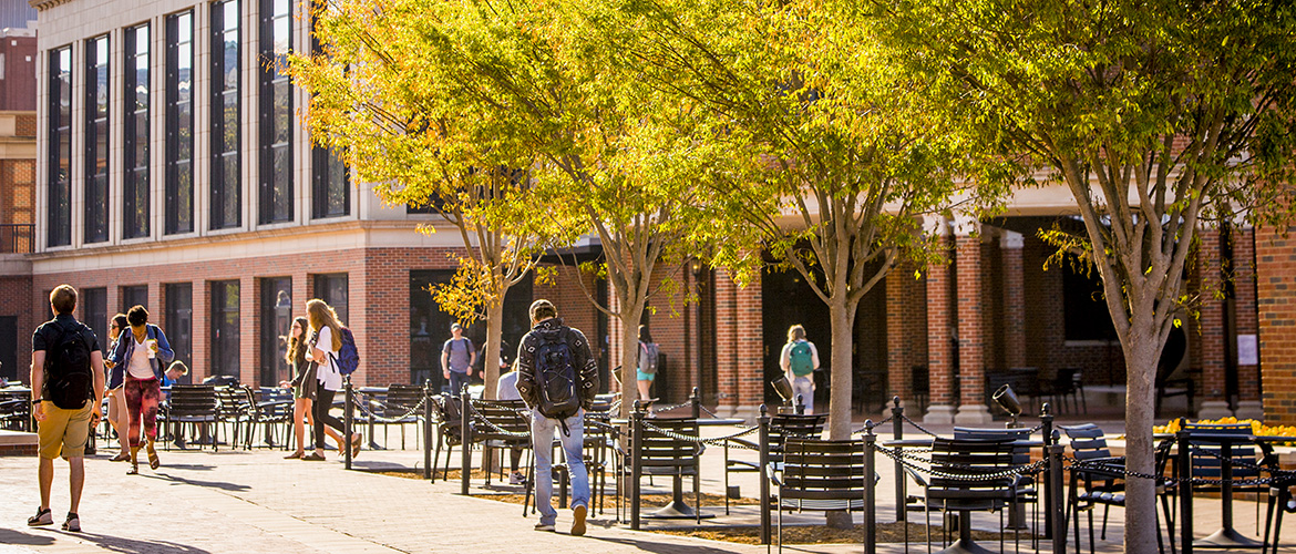 Students walking across campus in fall