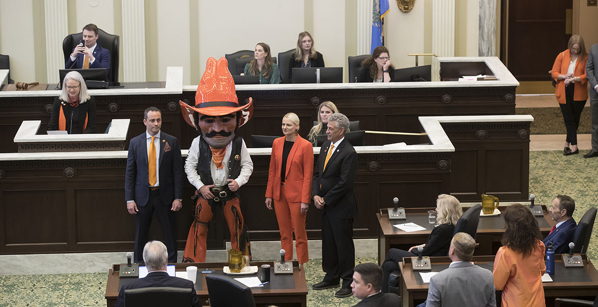 During the daily floor sessions, McInturf, Pistol Pete, and Shrum were formally recognized on the floor and received a citation honoring and thanking the university. 