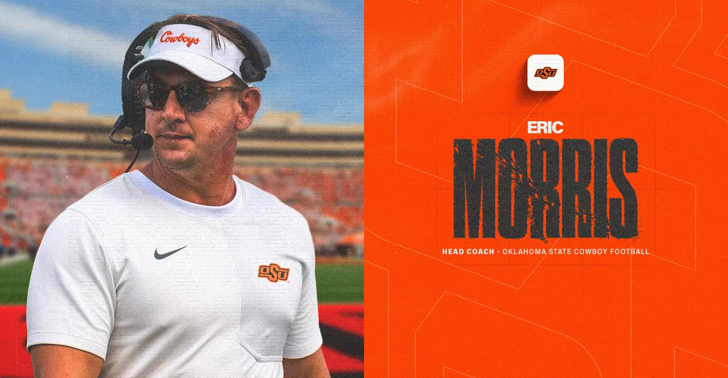 OSU football coach Eric Morris wearing a white shirt and visor with an OSU logo on it. Words on the graphic are Eric Morris, head coach, Oklahoma State Cowboy Football.