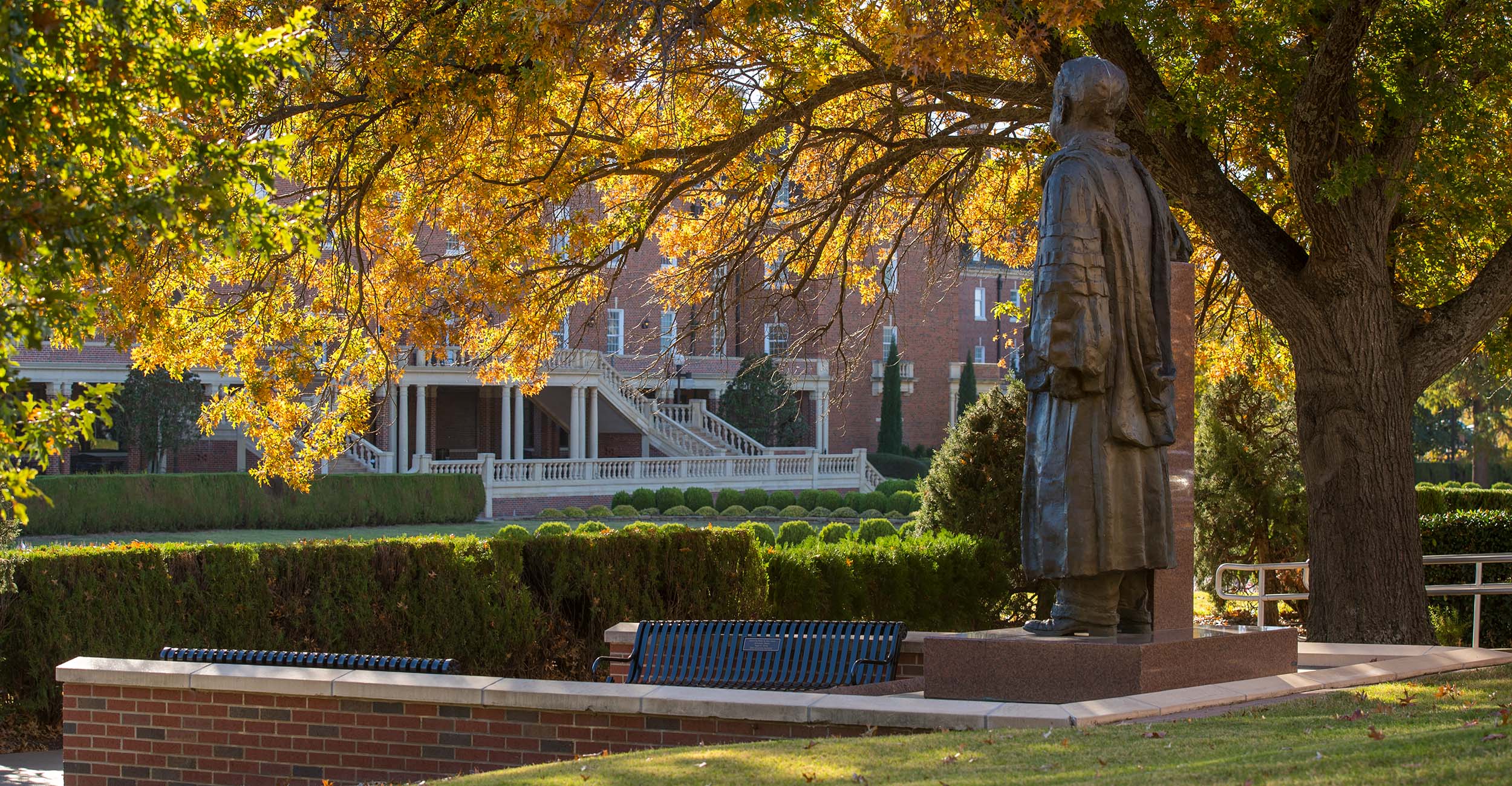 A photo of the Henry Bennett statue on campus.