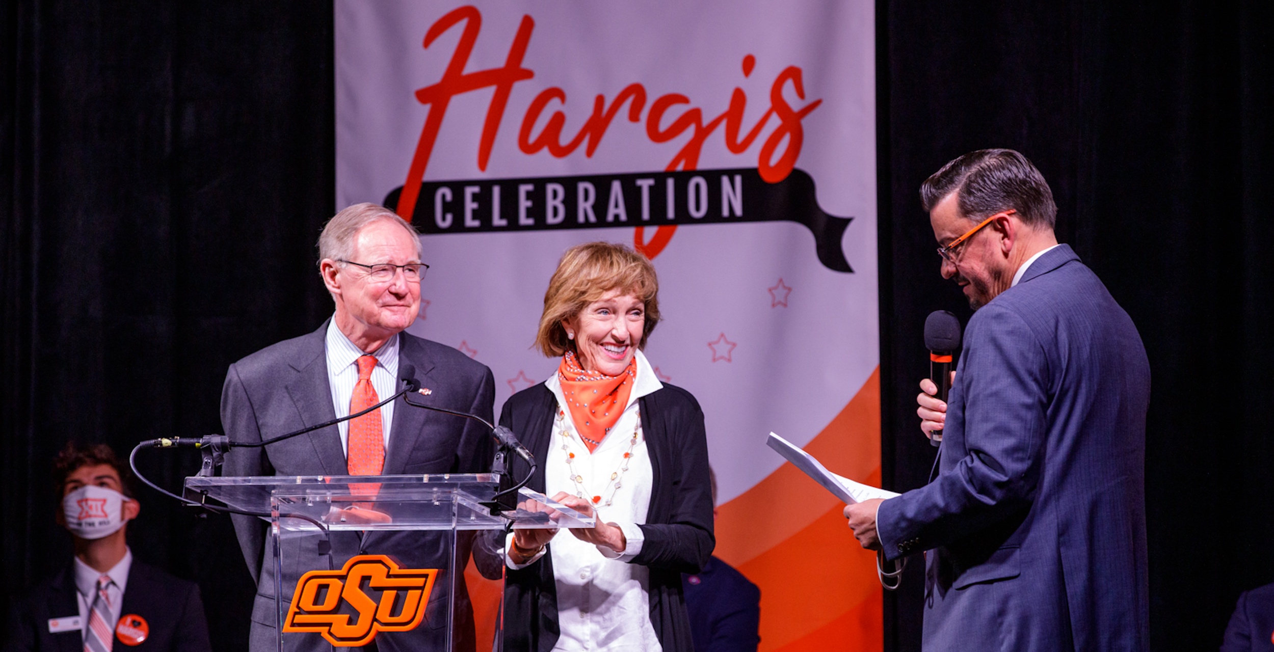 Oklahoma State University President Burns Hargis and First Cowgirl Ann Hargis were honored inside Gallagher-Iba Arena.