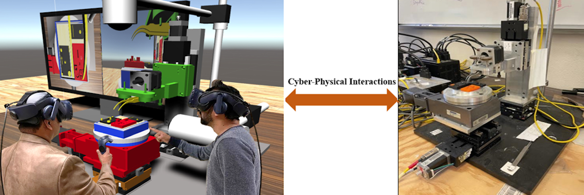 Dr. Cecil and his graduate student Avi interacting with their IoT test bed using virtual reality equipment.