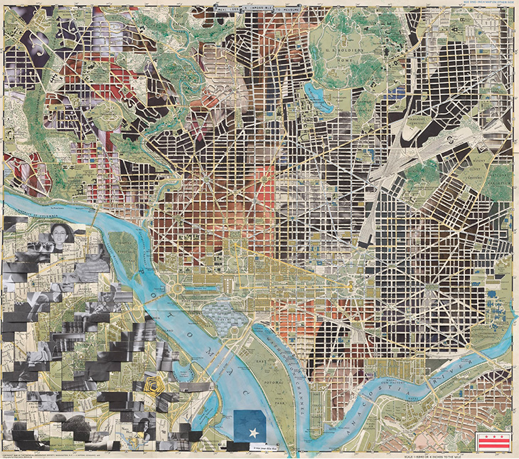 This image shows a detailed urban map displaying a city's street grid and geographical features. The map features a distinctive blue river or waterway that curves through the urban landscape, creating a meandering path from the upper left toward the lower right portion of the image. The city is laid out in a comprehensive grid pattern with white lines representing streets and avenues intersecting at regular intervals across the metropolitan area.