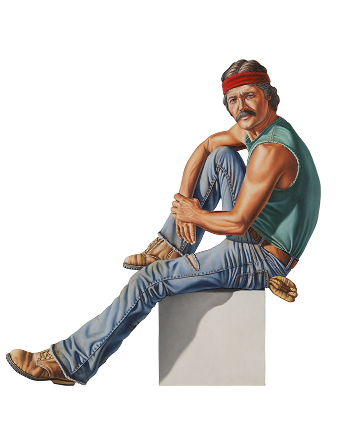 Illustration of a seated person wearing a sleeveless shirt, jeans and a red headband, posed on a white pedestal against a plain background.
