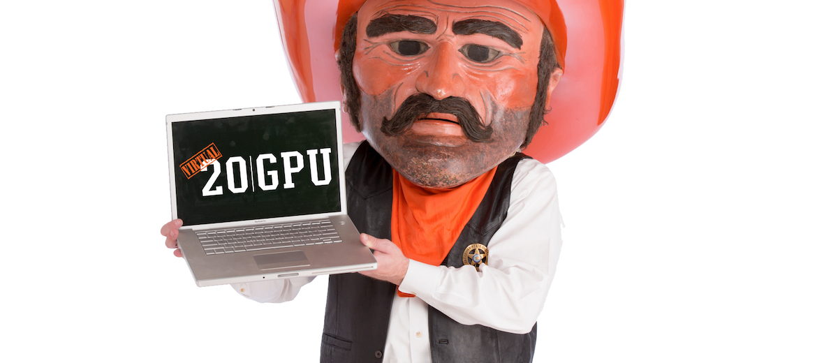 Pistol Pete holding a laptop with a screen reading "Virtual 20 GPU." 