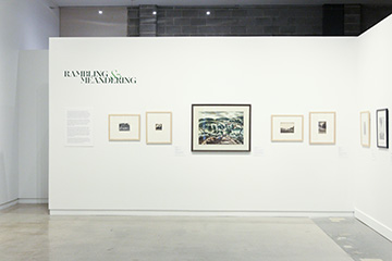 A wide view shows a white gallery wall labeled “Rambling & Meandering” with framed artworks evenly spaced, illustrating a curated art exhibition in a museum or gallery setting.