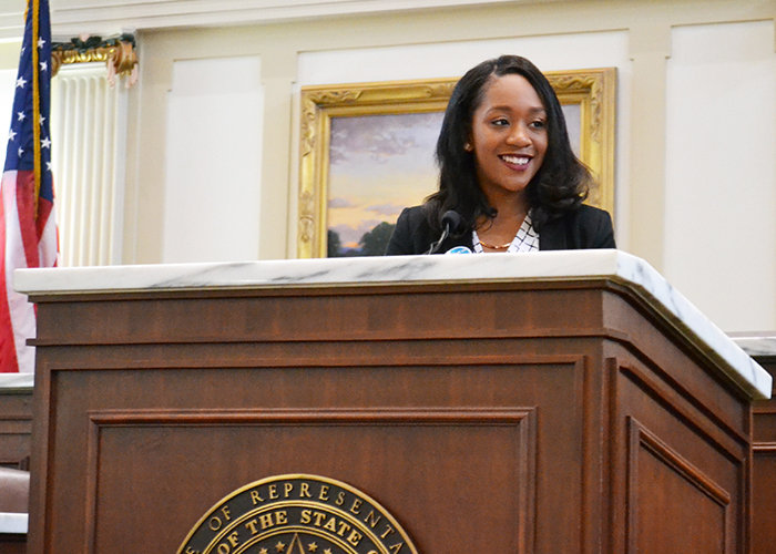 Oklahoma State University Student Government Association President Erica Stephens speaks at Higher Education Day at the State Captiol.