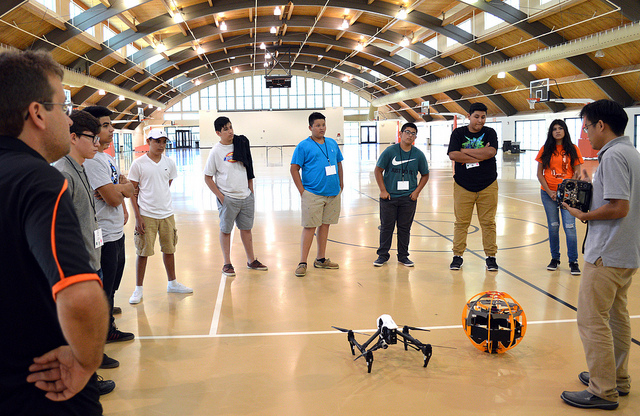 Unidos students learning about drones before they get to pilot them during a 2016 workshop at Oklahoma State University in Stillwater.