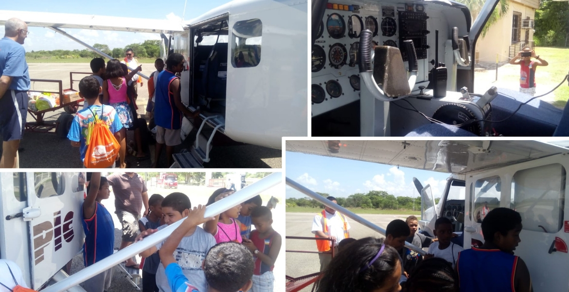 Collage of photos of students in Belize exploring a plane